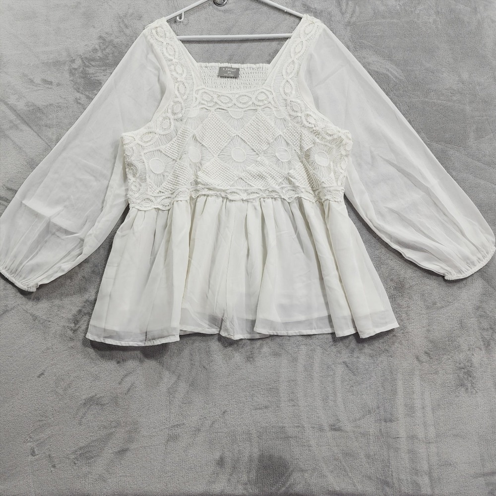 K. Jordan Top Womens 2X White Crochet Lace Sheer Square Neck Peplum Tunic Boho